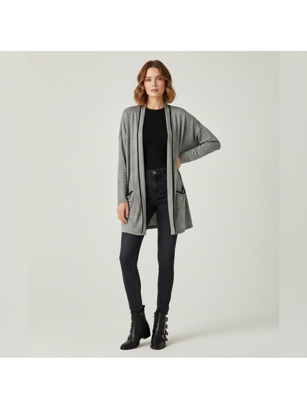Boohoo Gray Open Front Knit Cardigan with Pockets